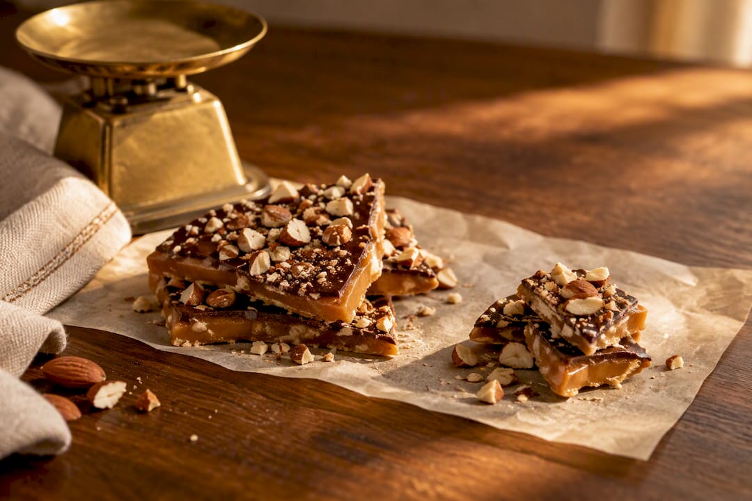 Toffee portions beside a kitchen scale
