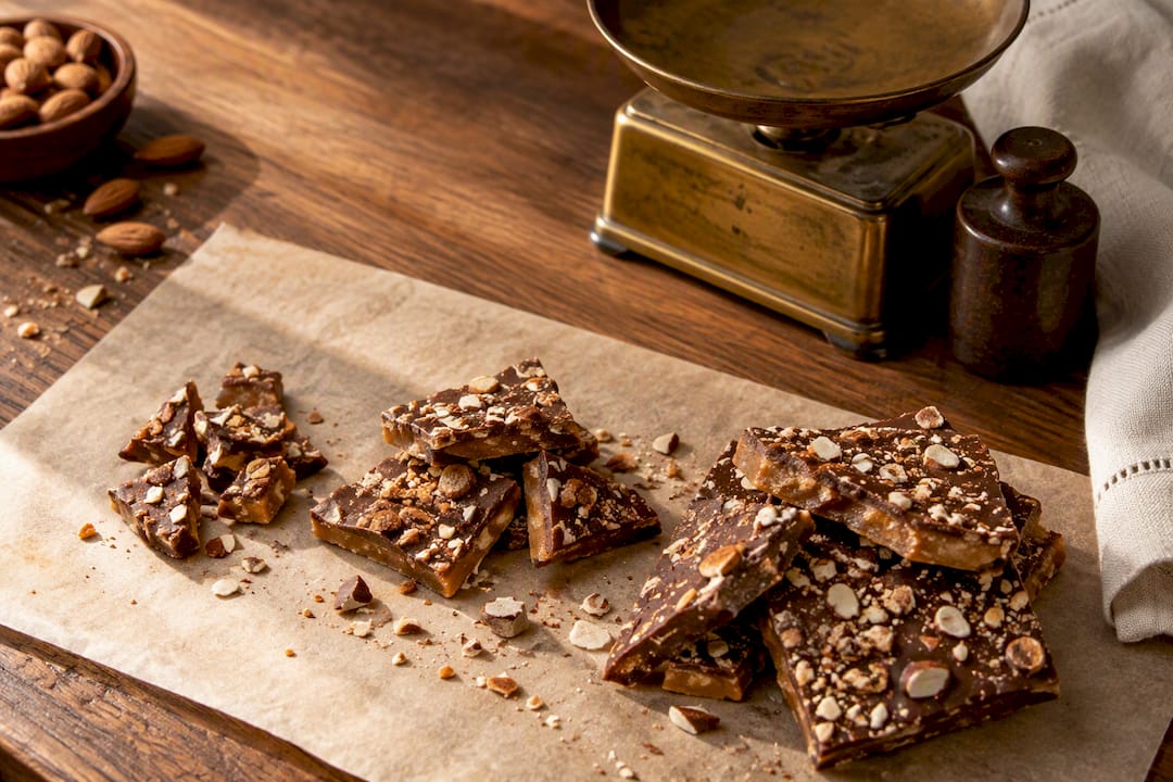 Toffee portions beside kitchen scale