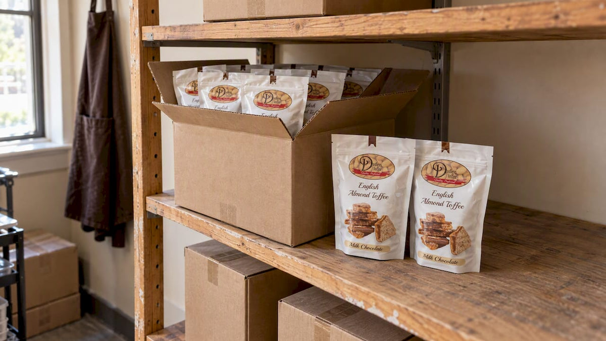 Dudley's toffee case in retail storage