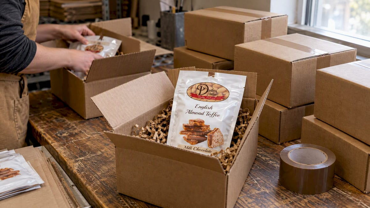 Dudley's toffee cartons grouped for office shipping