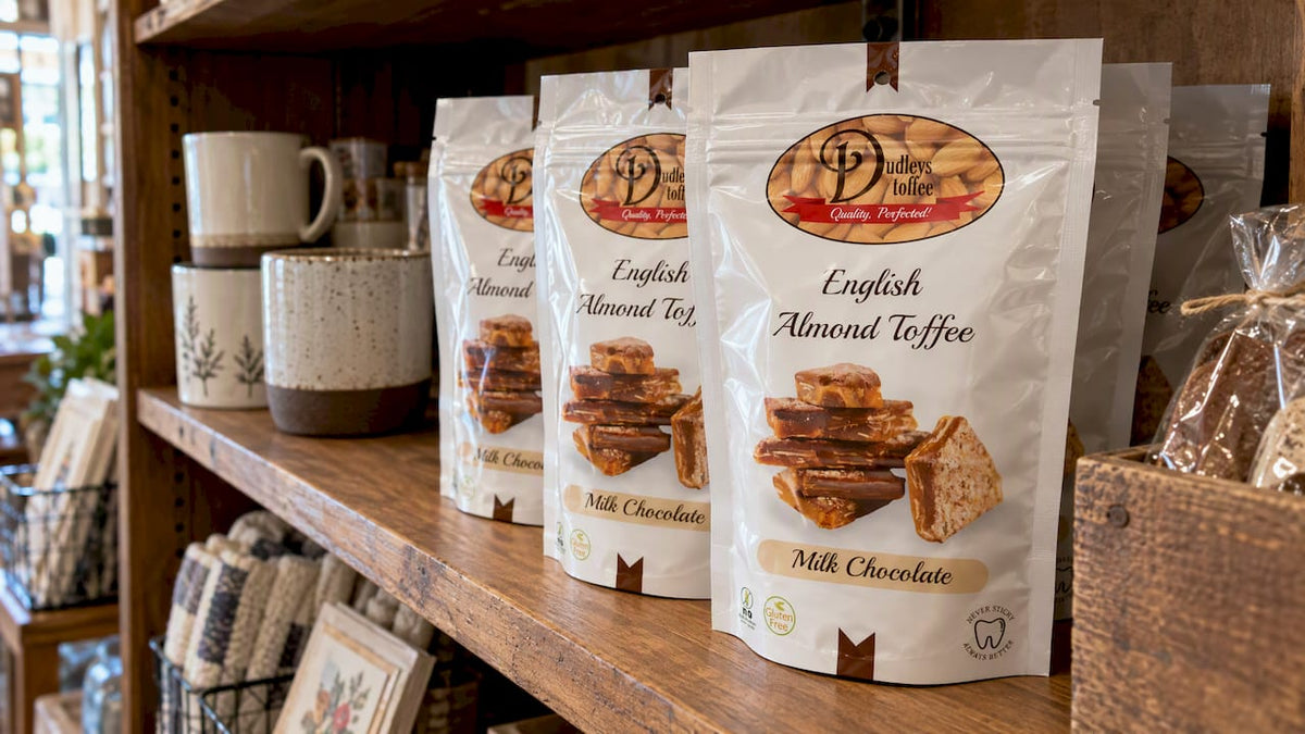 Dudley's toffee bags on a gift shop shelf