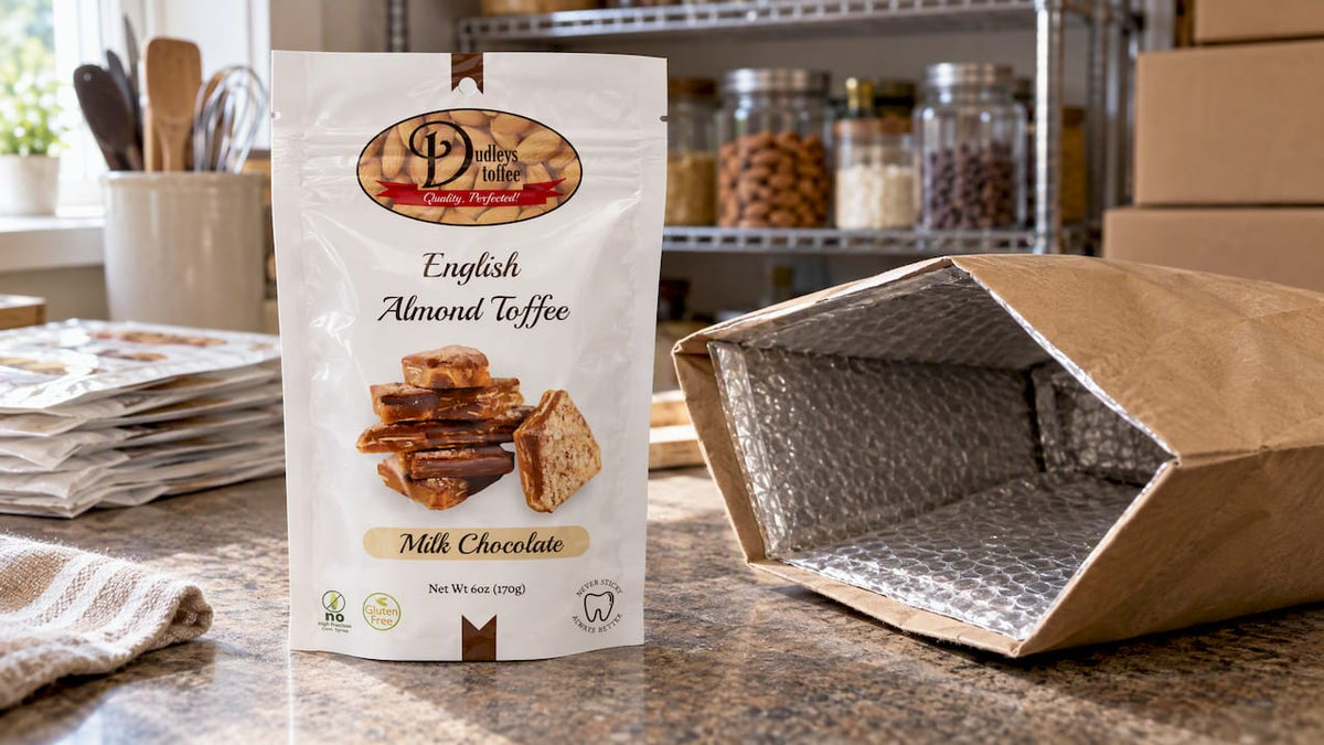 Fundraiser toffee beside an insulated shipping mailer
