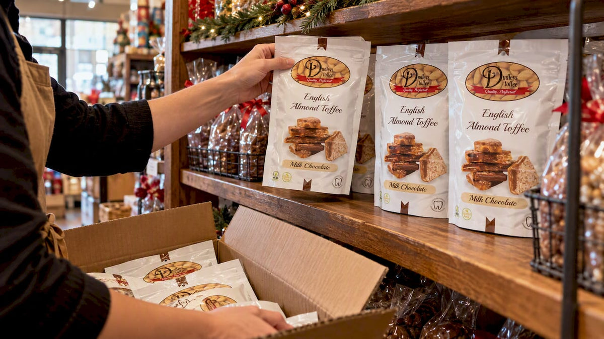 Toffee display beside an open restocking carton