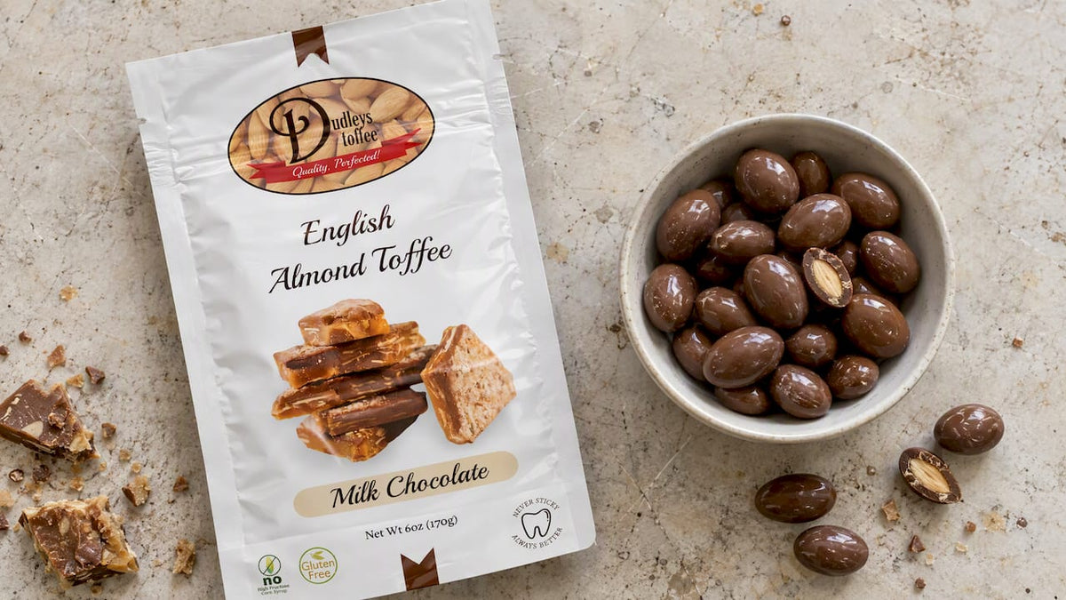 Dudley's toffee beside chocolate-covered almonds