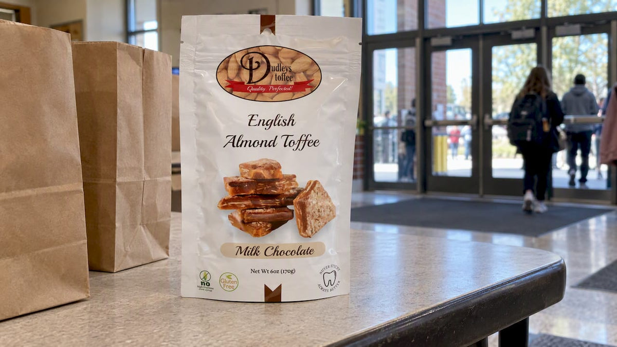 Dudley's fundraiser toffee displayed at a school
